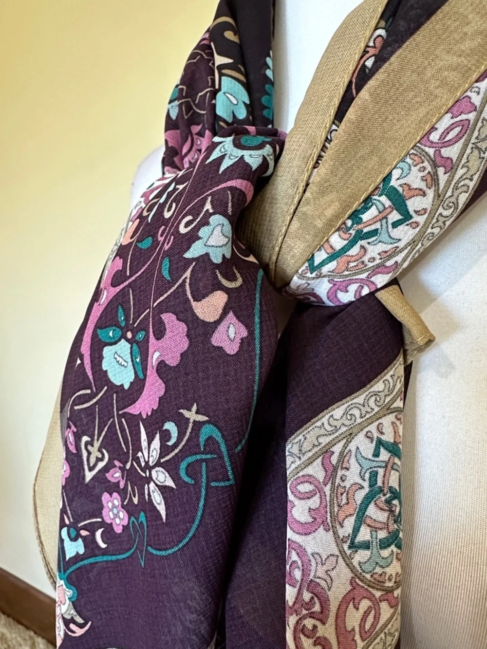 Eggplant Plum Scarf Floral Beige Border Teal Pink Lightweight Wrap by Alvise